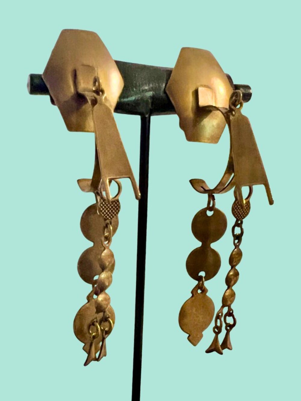 Vintage Modernist Brutalist Brass Clip-On Earrings 3.25”